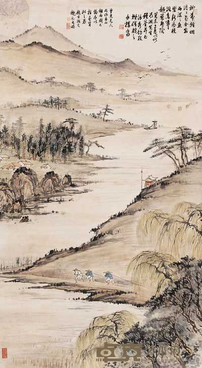 钱殷之 1943年作 春山烟雨图 立轴 141×78cm